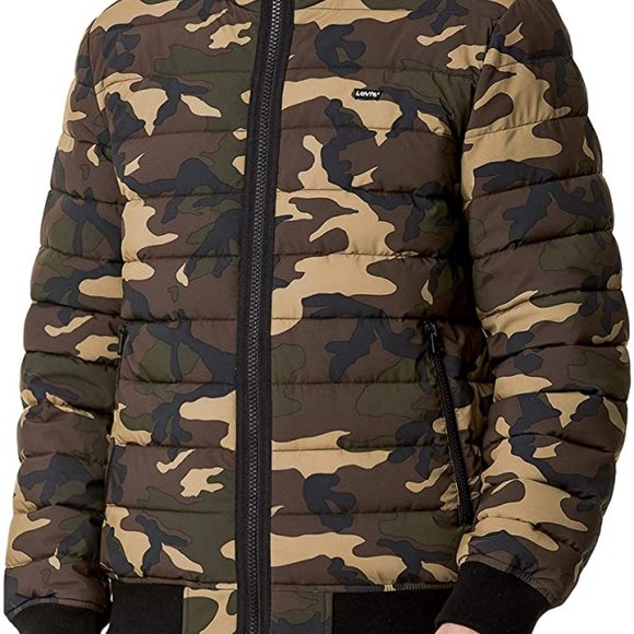 Levi's Mens Stretch Polyester Quilted Puffer Hoodie Jacket Camouflage Camo Small - Picture 9 of 9